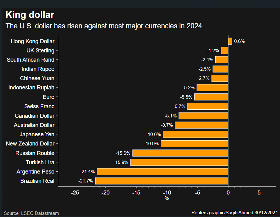 The U.S. dollar has risen against most major currencies in 2024